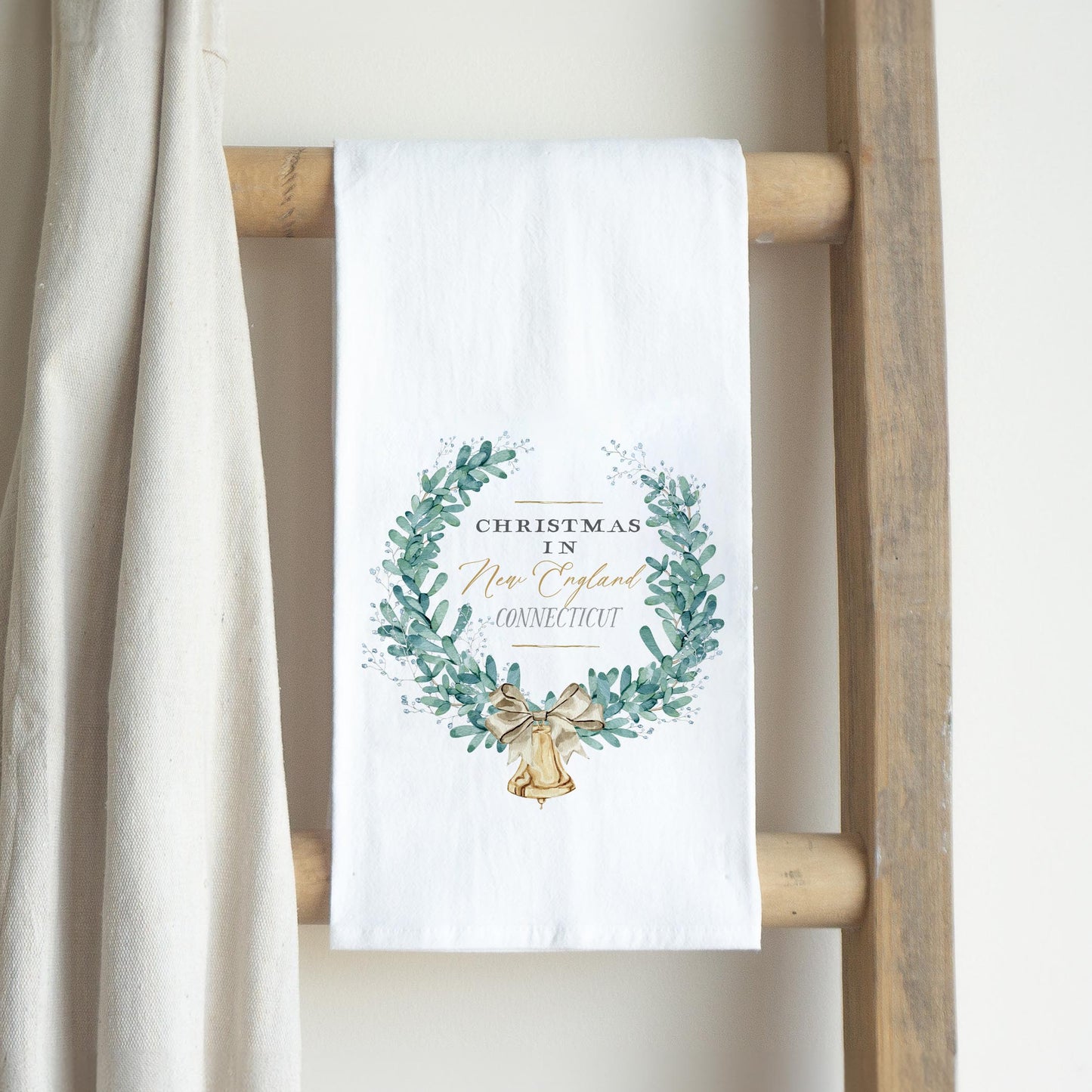 Cotton Tea Towel White-Classic City Christmas New England Connecticut -2