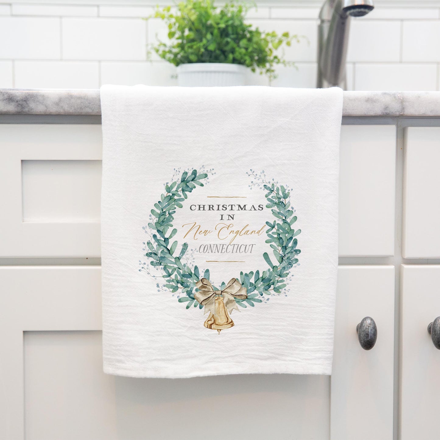 Cotton Tea Towel White-Classic City Christmas New England Connecticut -3