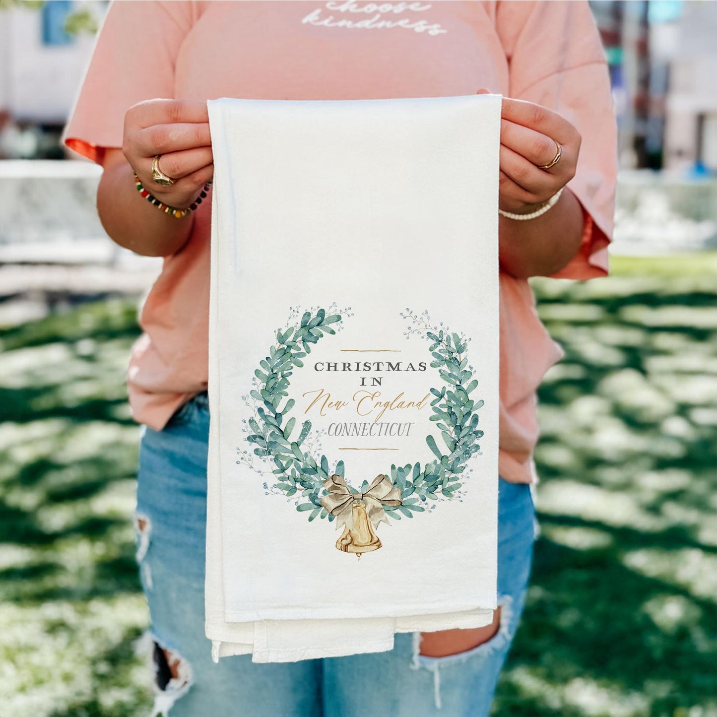 Cotton Tea Towel White-Classic City Christmas New England Connecticut -4