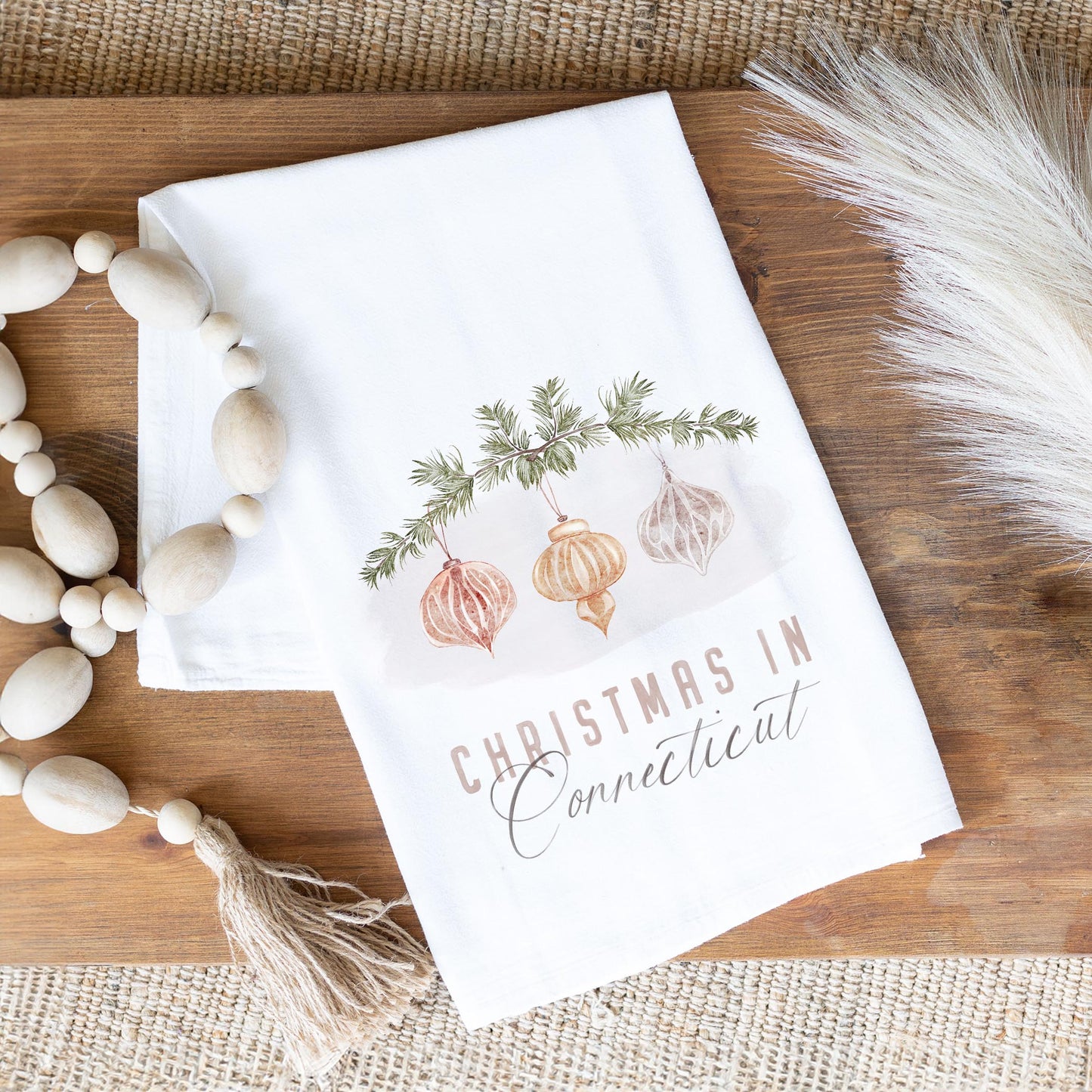 Cotton Tea Towel White-Ornaments Christmas in Connecticut -1