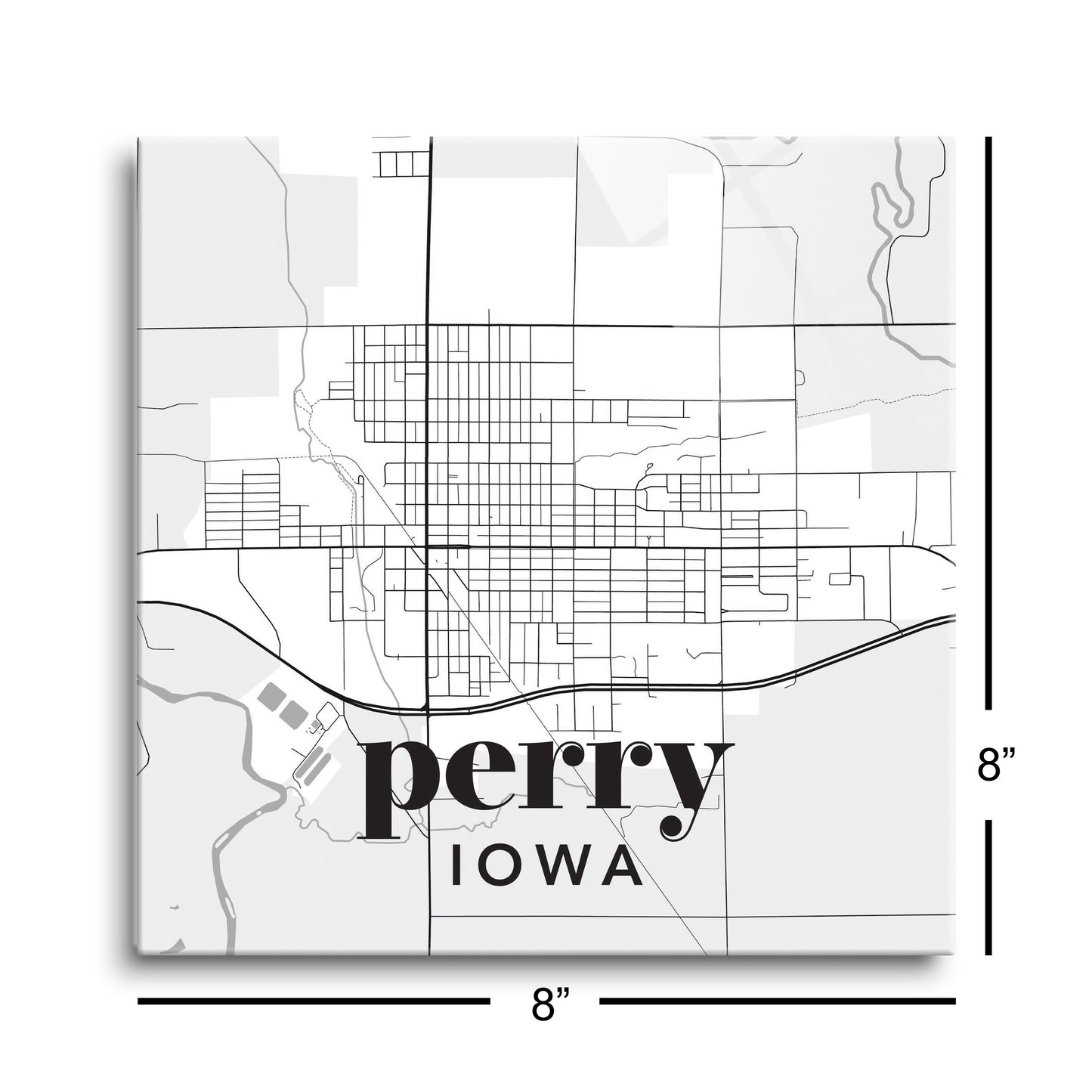 8x8 Glass Plaque-Black & White Light Map Perry Iowa