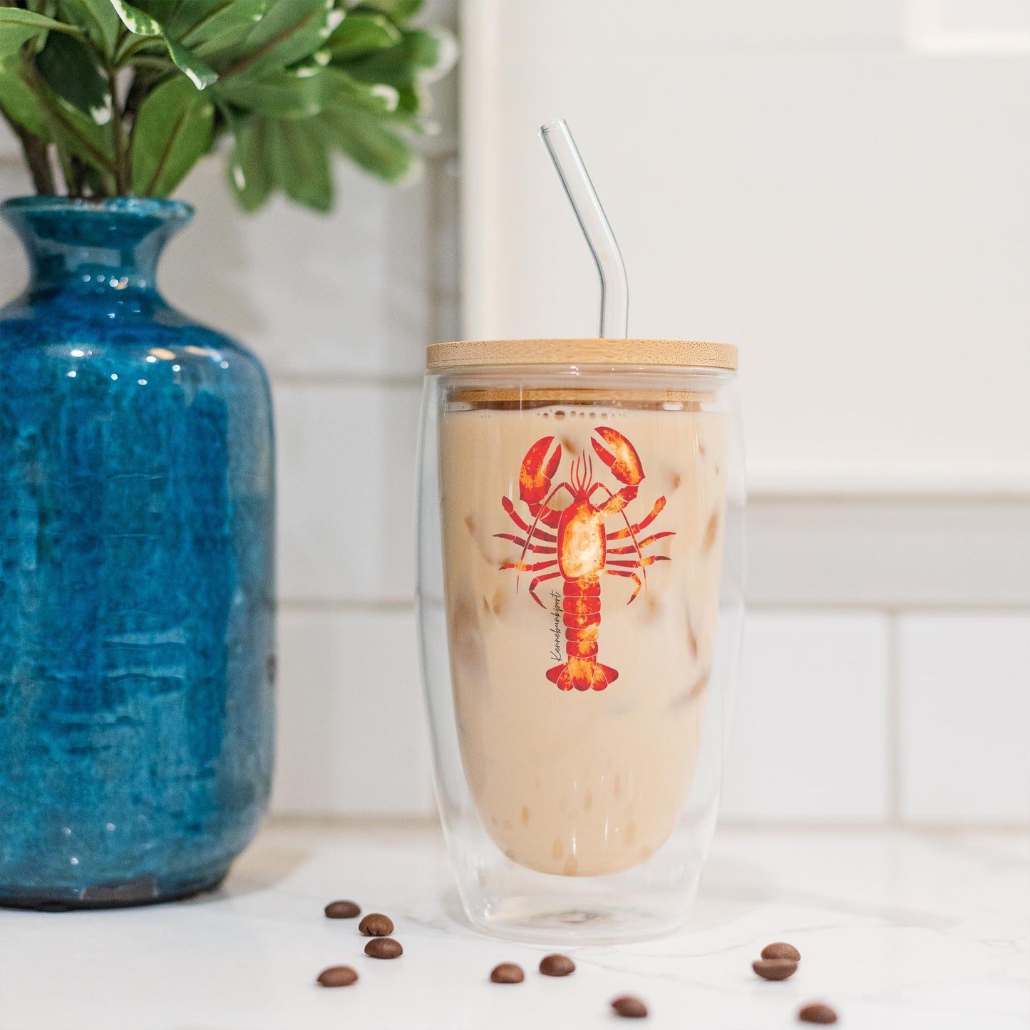 16oz Double Insulated Glass Tumbler-Kennebunkport Maine Orange Lobster