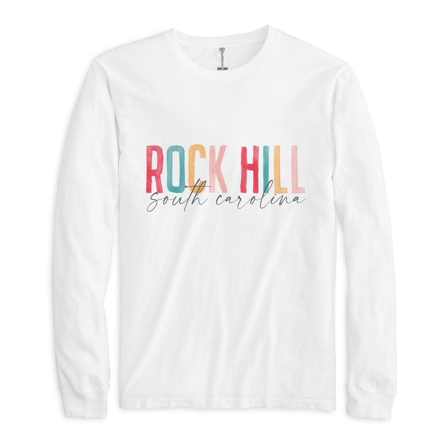Long Sleeve T-Shirt White-Watercolor City Rock Hill South Carolina -0