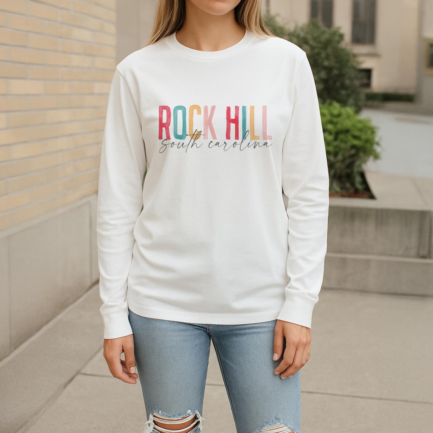 Long Sleeve T-Shirt White-Watercolor City Rock Hill South Carolina -2