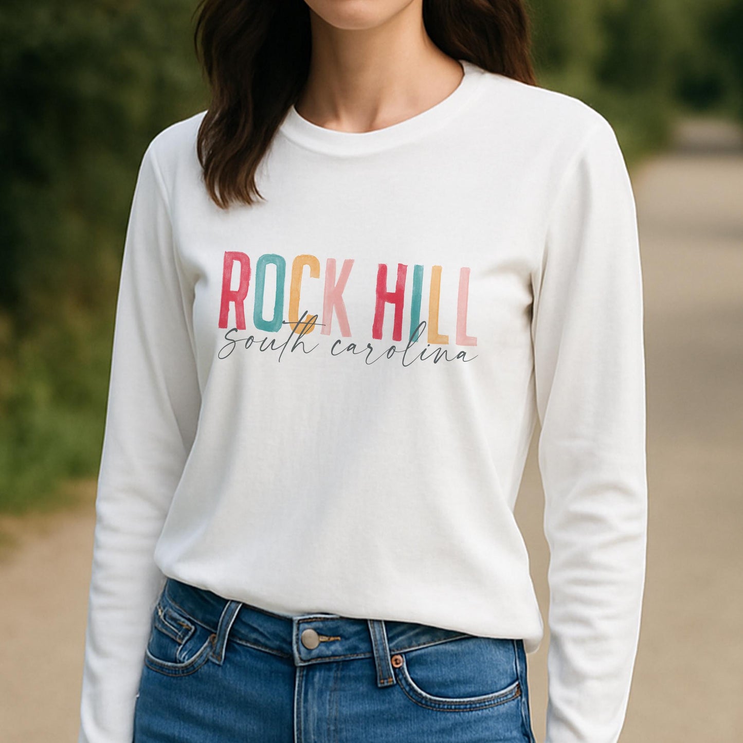Long Sleeve T-Shirt White-Watercolor City Rock Hill South Carolina -3