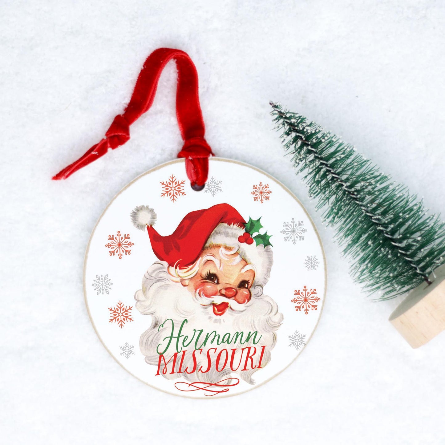 4" Round Ornament Red Ribbon-Classic Santa Hermann Missouri -0