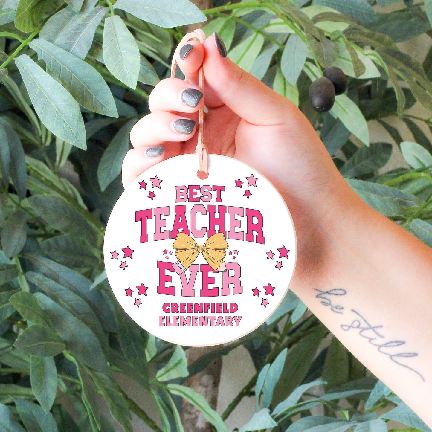 4" Round Ornament-Love+Local Classroom Coquette Best Teacher Ever -4