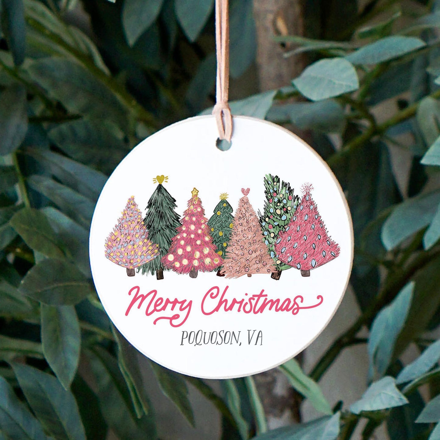 4" Round Ornament-Pink Trees Poquoson Virginia -2