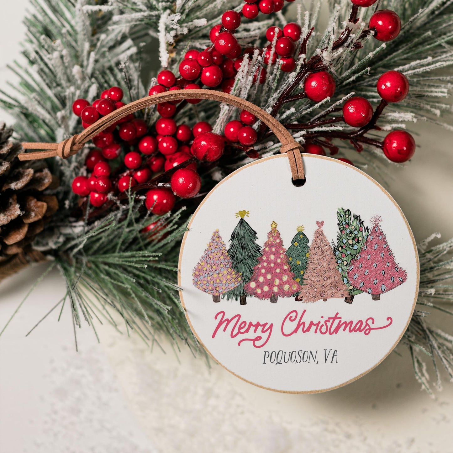 4" Round Ornament-Pink Trees Poquoson Virginia -3