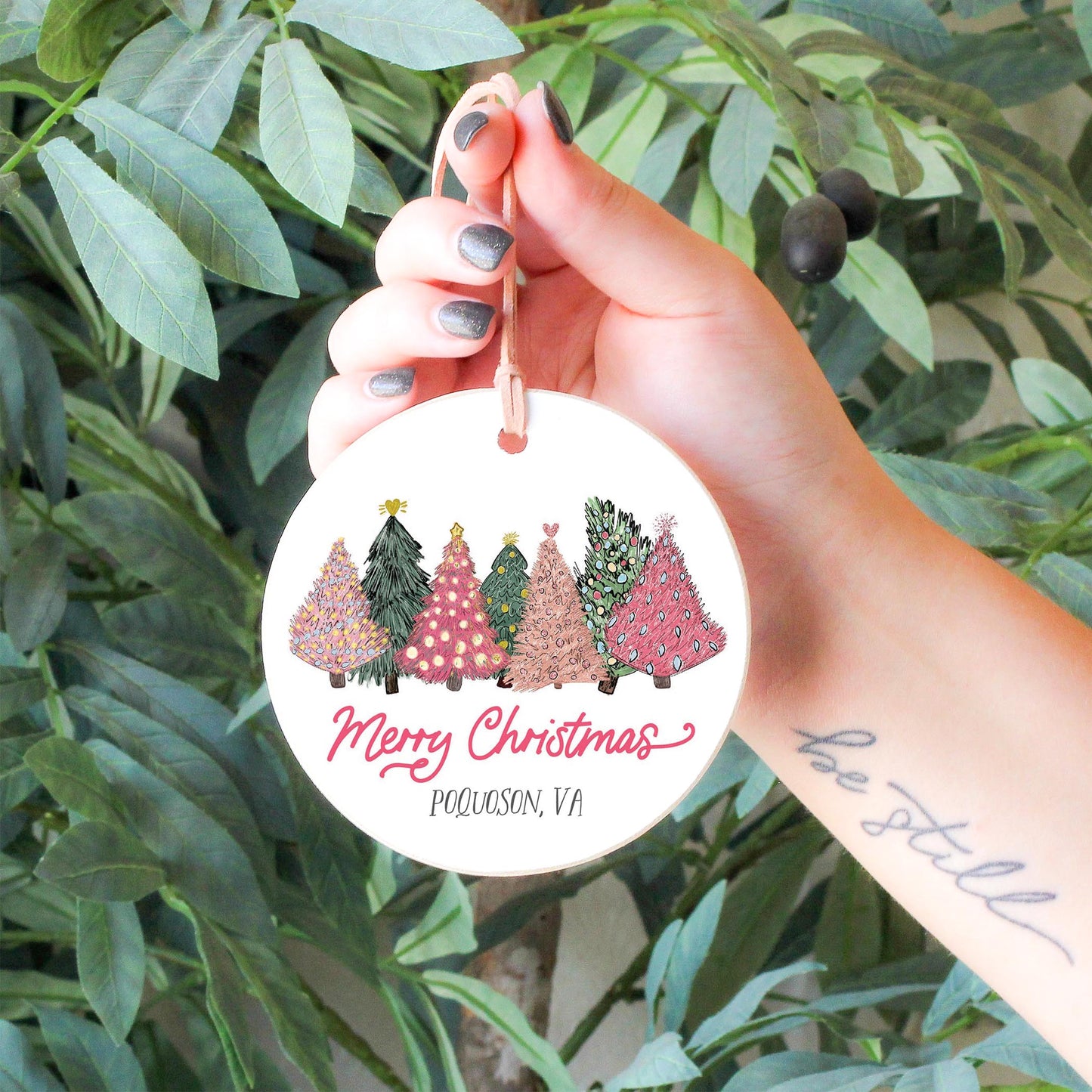 4" Round Ornament-Pink Trees Poquoson Virginia -4