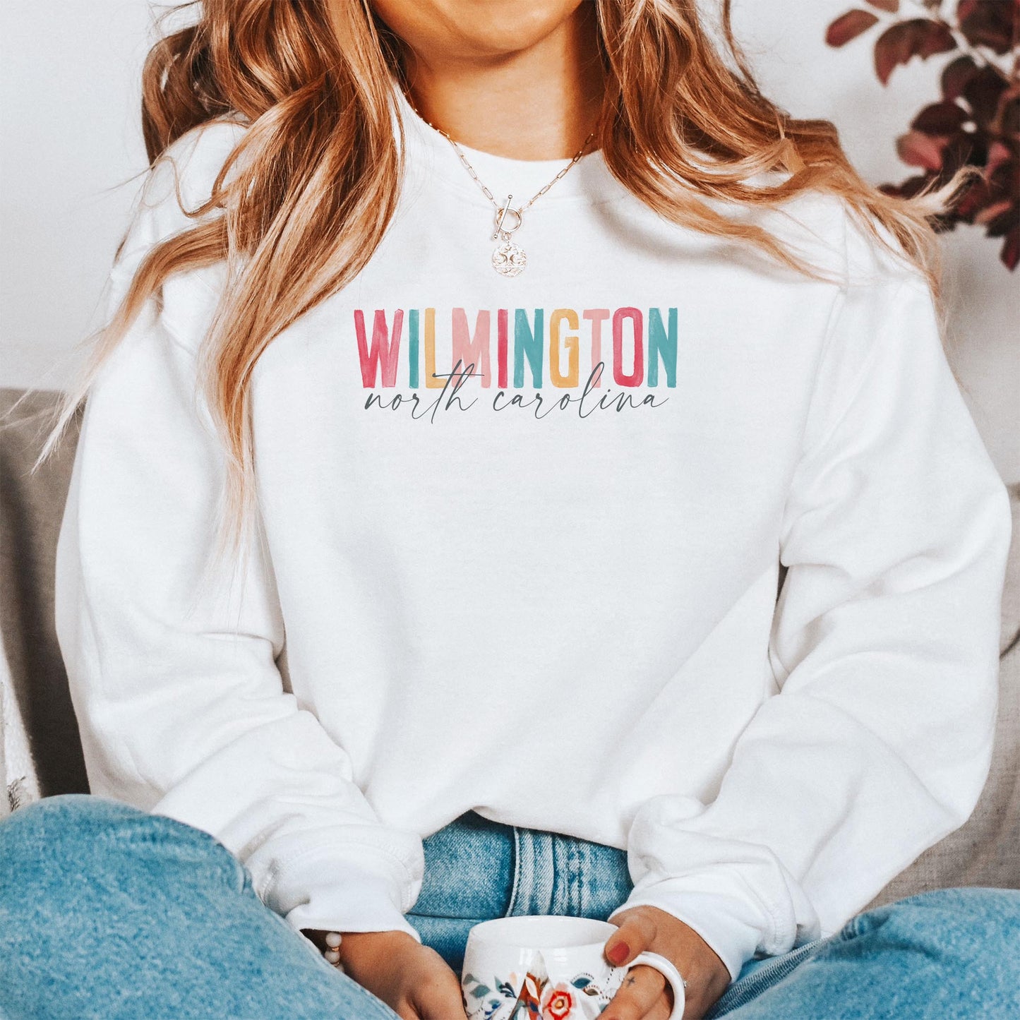 Gildan Sweatshirt White-Watercolor City Wilmington North Carolina