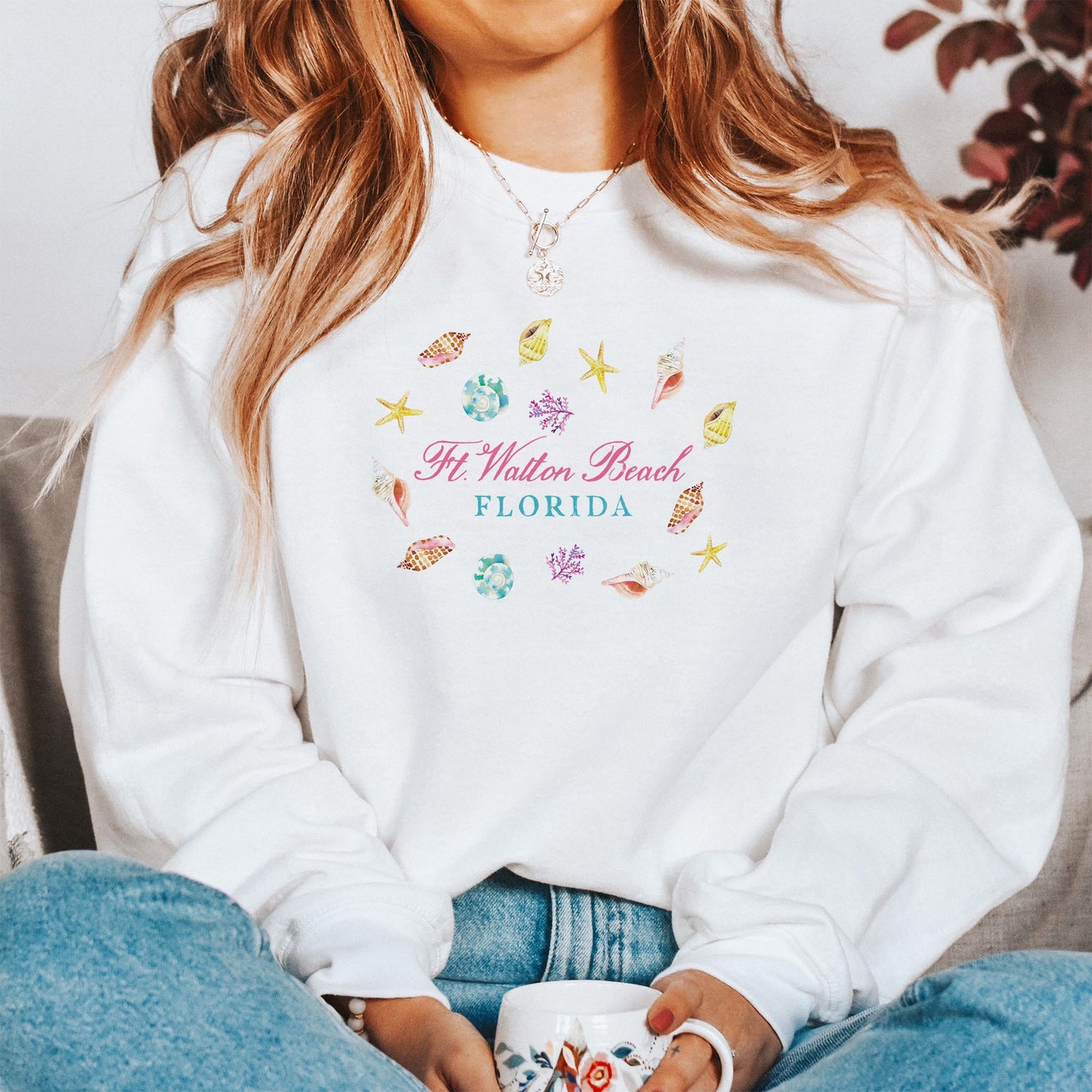 Gildan Sweatshirt White-Shells & Shoreline Ft. Walton Beach Florida -1