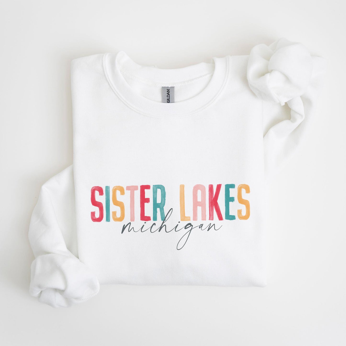 Gildan Sweatshirt White-Watercolor City Sister Lakes Michigan -4