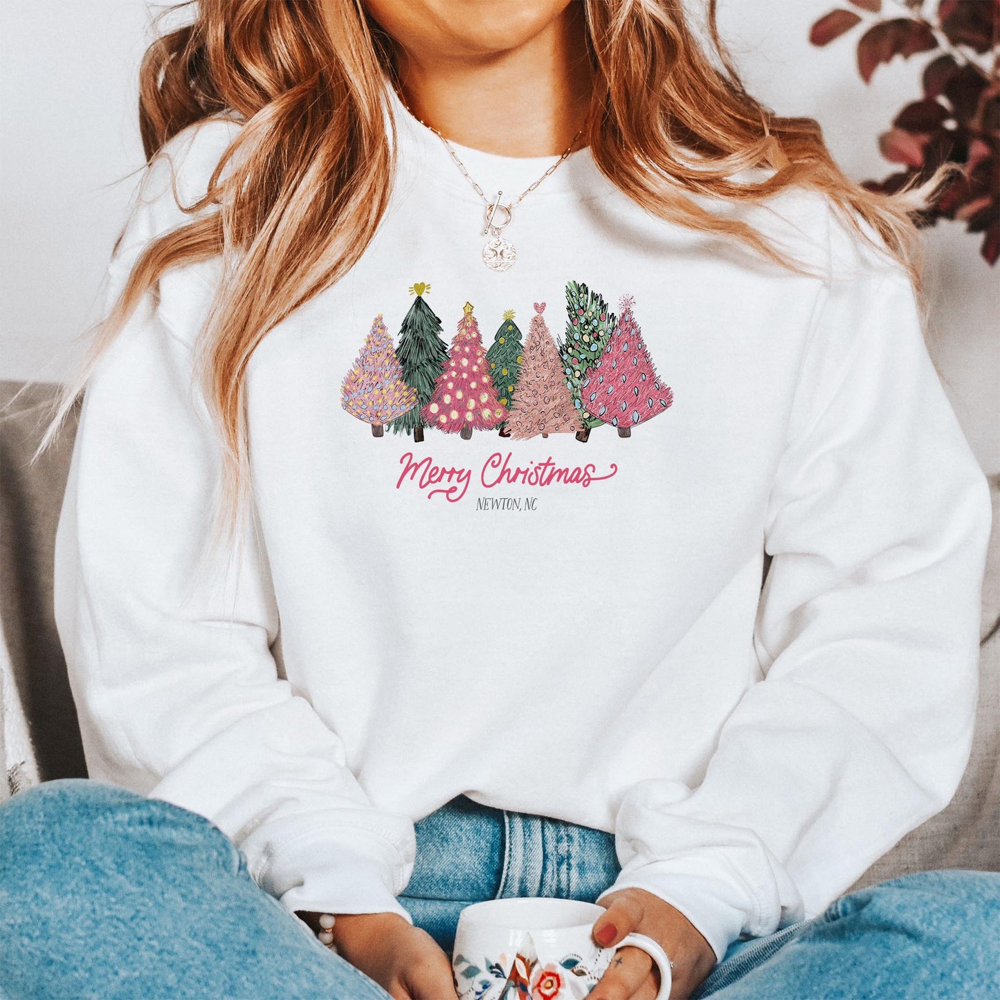 Gildan Sweatshirt White-Pink Trees Newton North Carolina