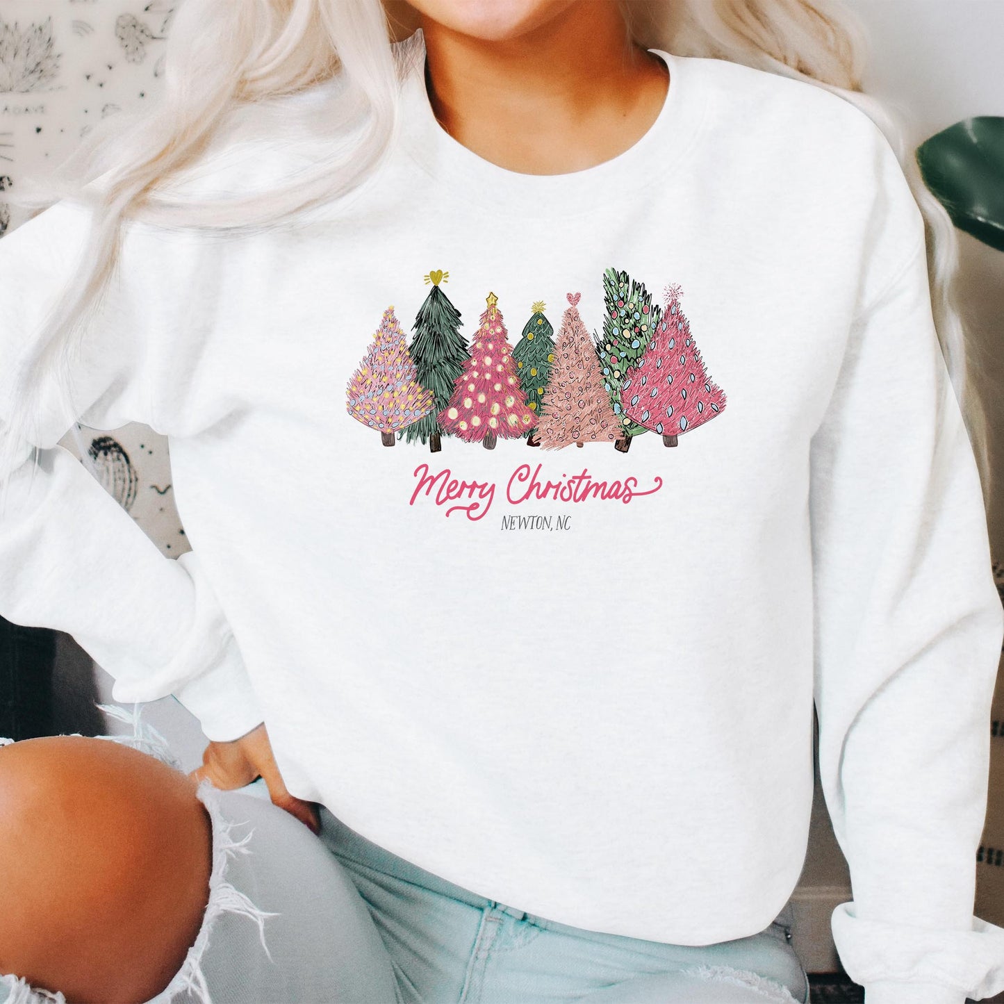 Gildan Sweatshirt White-Pink Trees Newton North Carolina