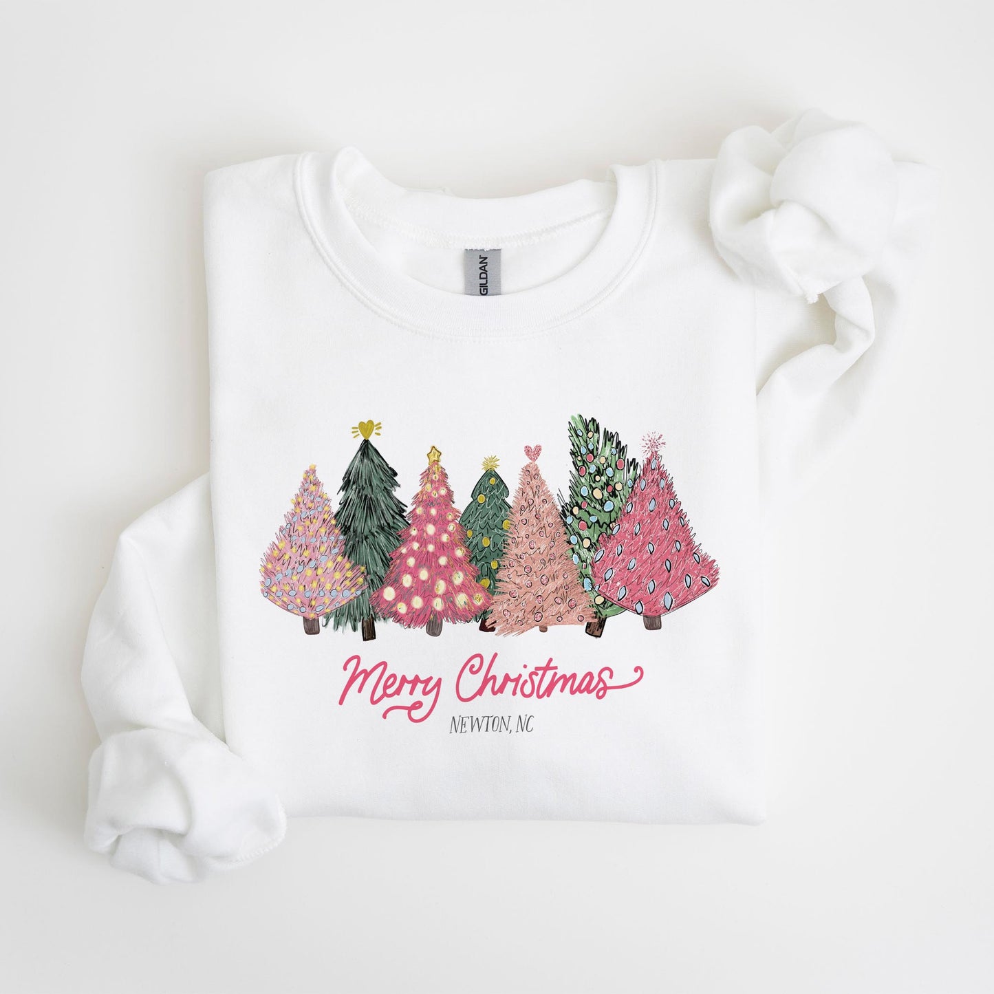 Gildan Sweatshirt White-Pink Trees Newton North Carolina