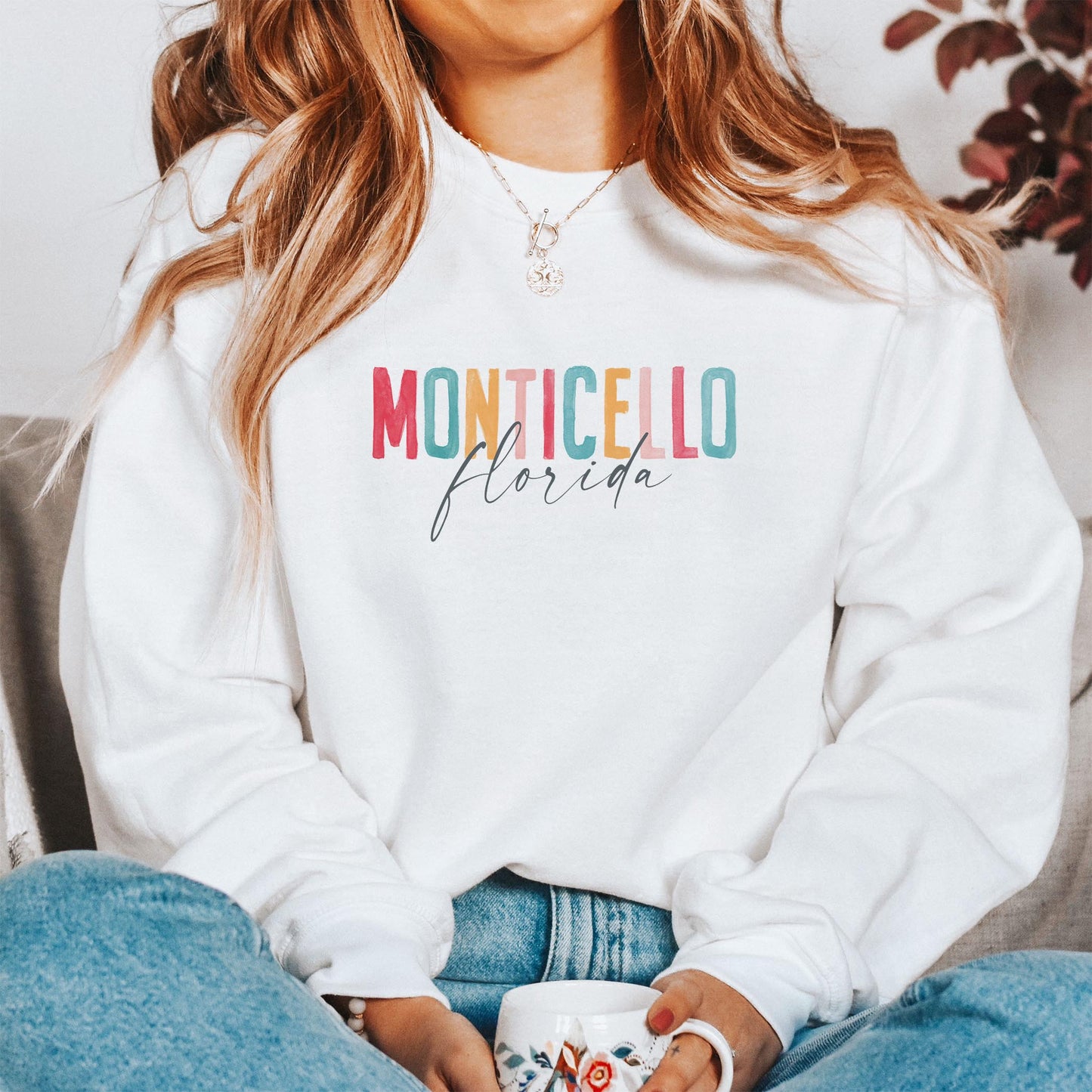 Gildan Sweatshirt White-Watercolor City Monticello Florida -1