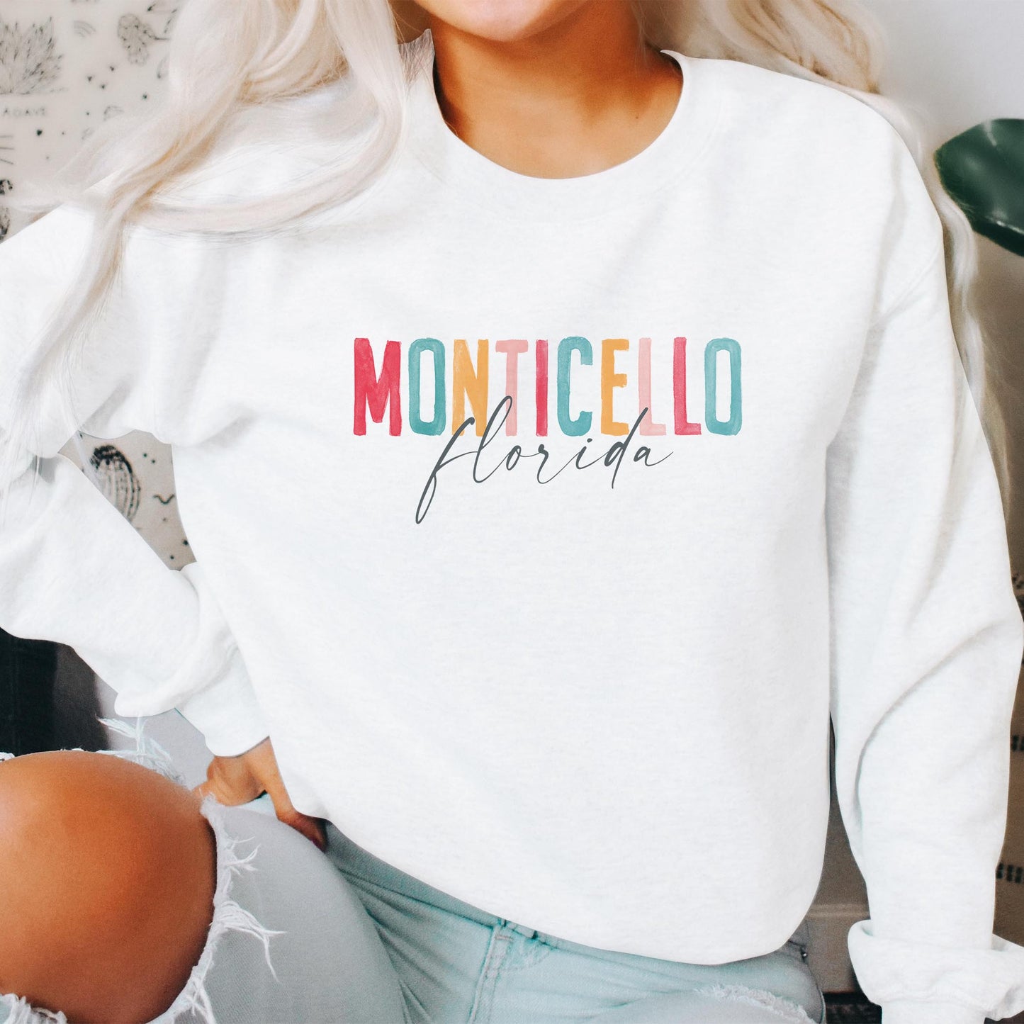 Gildan Sweatshirt White-Watercolor City Monticello Florida -2