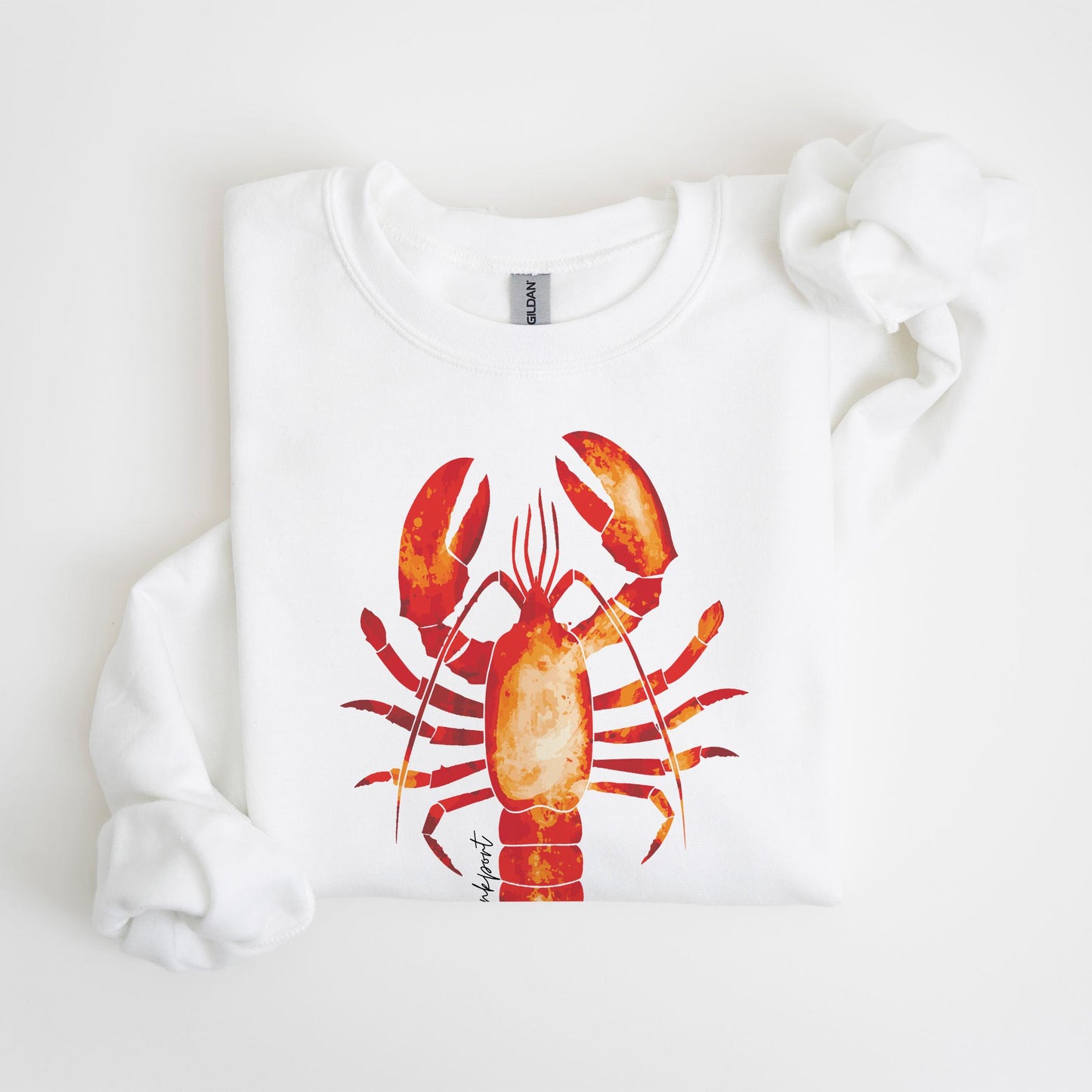 Gildan Sweatshirt White-Kennebunkport Maine Orange Lobster