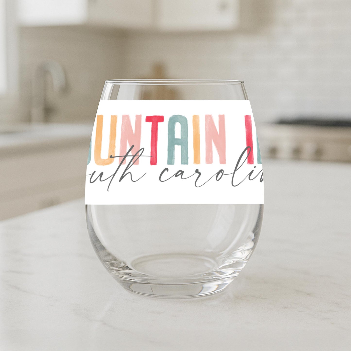 15oz Stemless Wine Glass-Watercolor City Fountain Inn South Carolina -1