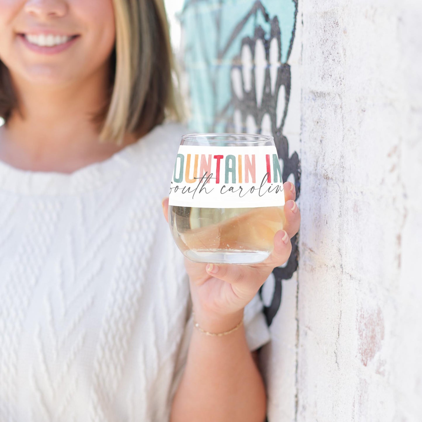 15oz Stemless Wine Glass-Watercolor City Fountain Inn South Carolina -3