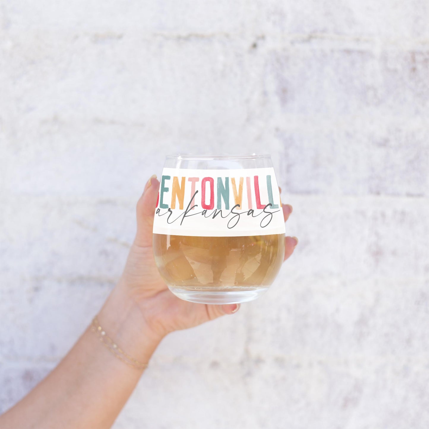 15oz Stemless Wine Glass-Watercolor City Bentonville Arkansas -1