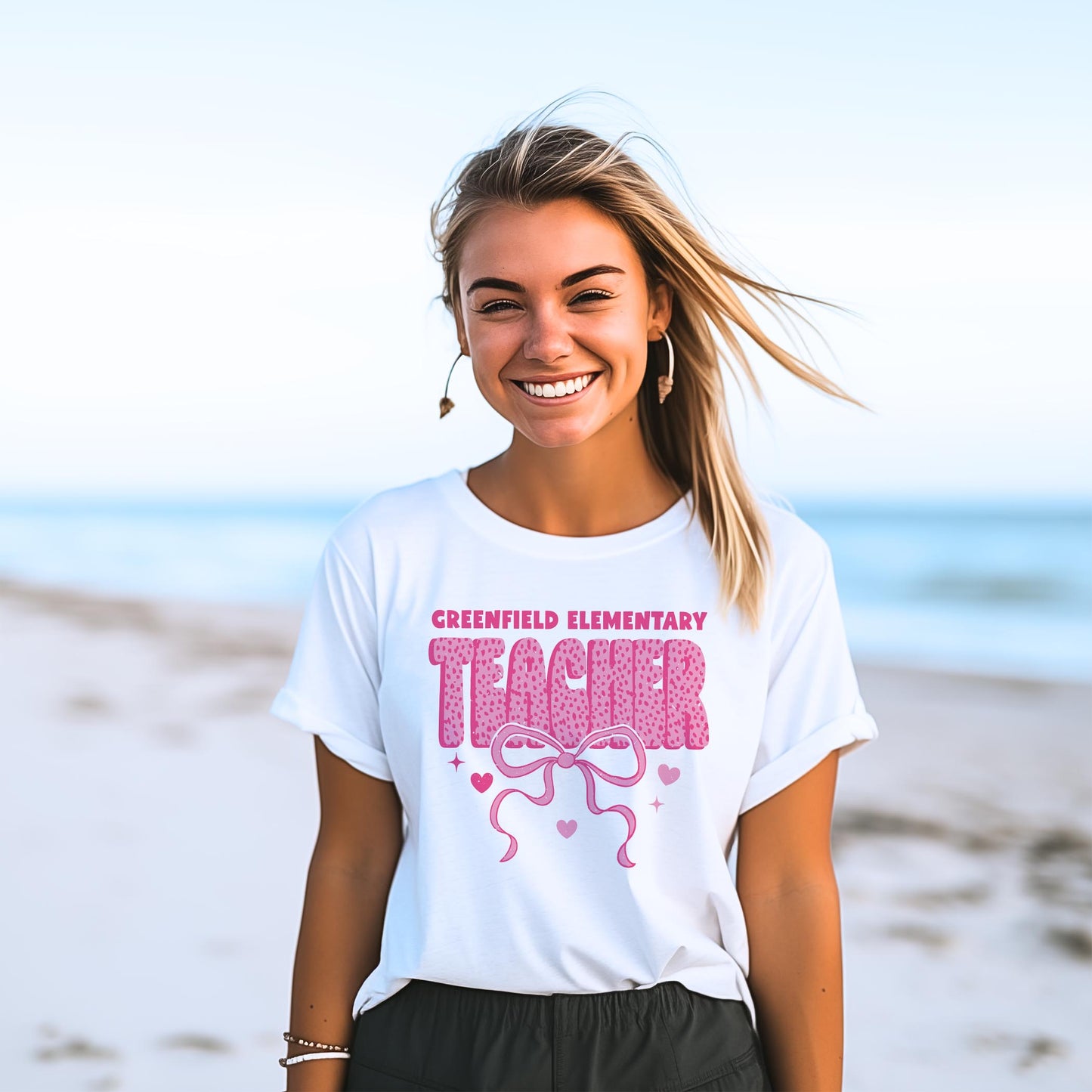 Bella Canvas T-Shirt White-Love+Local Classroom Coquette Teacher Bow -2
