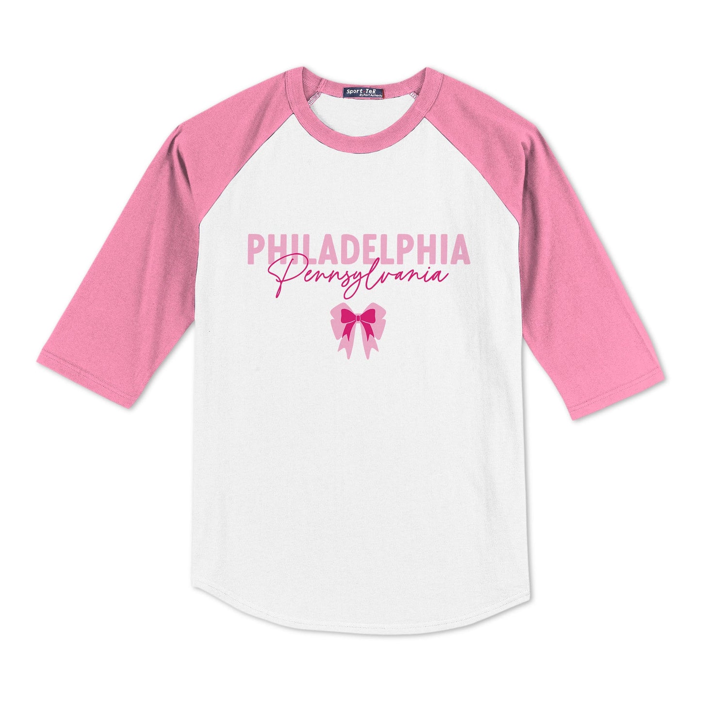 Sport-Tek® Youth Colorblock Raglan Pink/White-Love+Local Bonita Bows -0