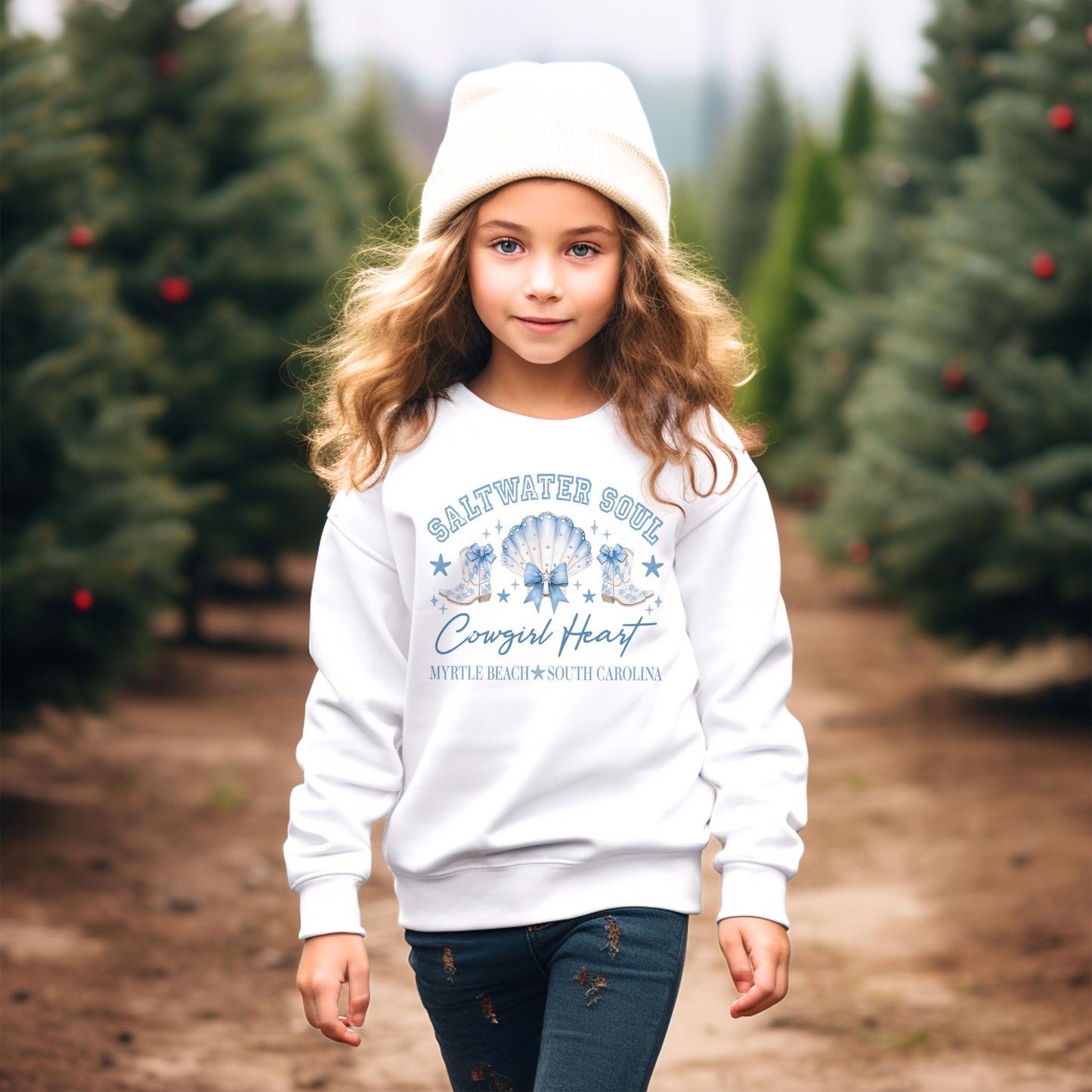 Gildan Youth Crewneck White-Love+Local Coastal Cowgirl -1