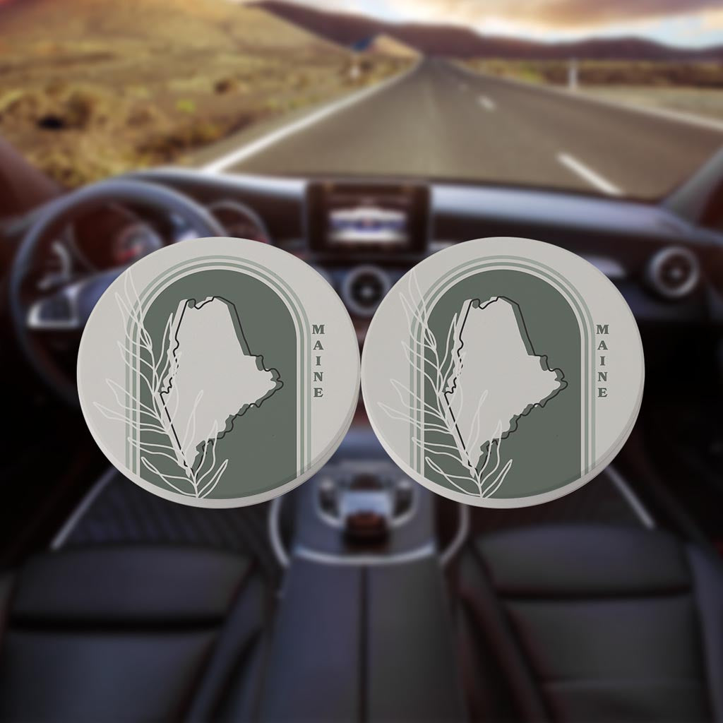 Vintage Groove State With Leaf Maine | Absorbent Car Coasters | Set of 2 | Min 4
