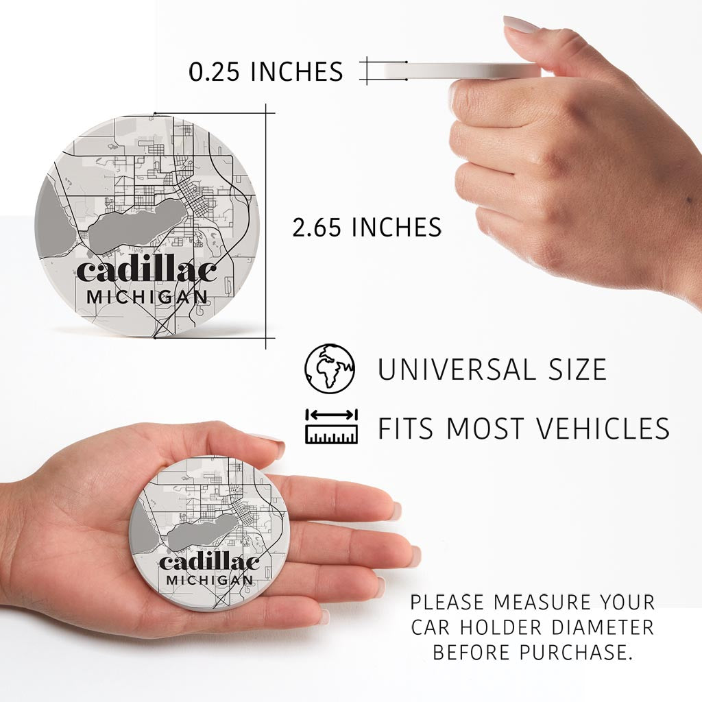 Black And White White Map Michigan Cadillac| Absorbent Car Coasters | Set of 2 | Min 4