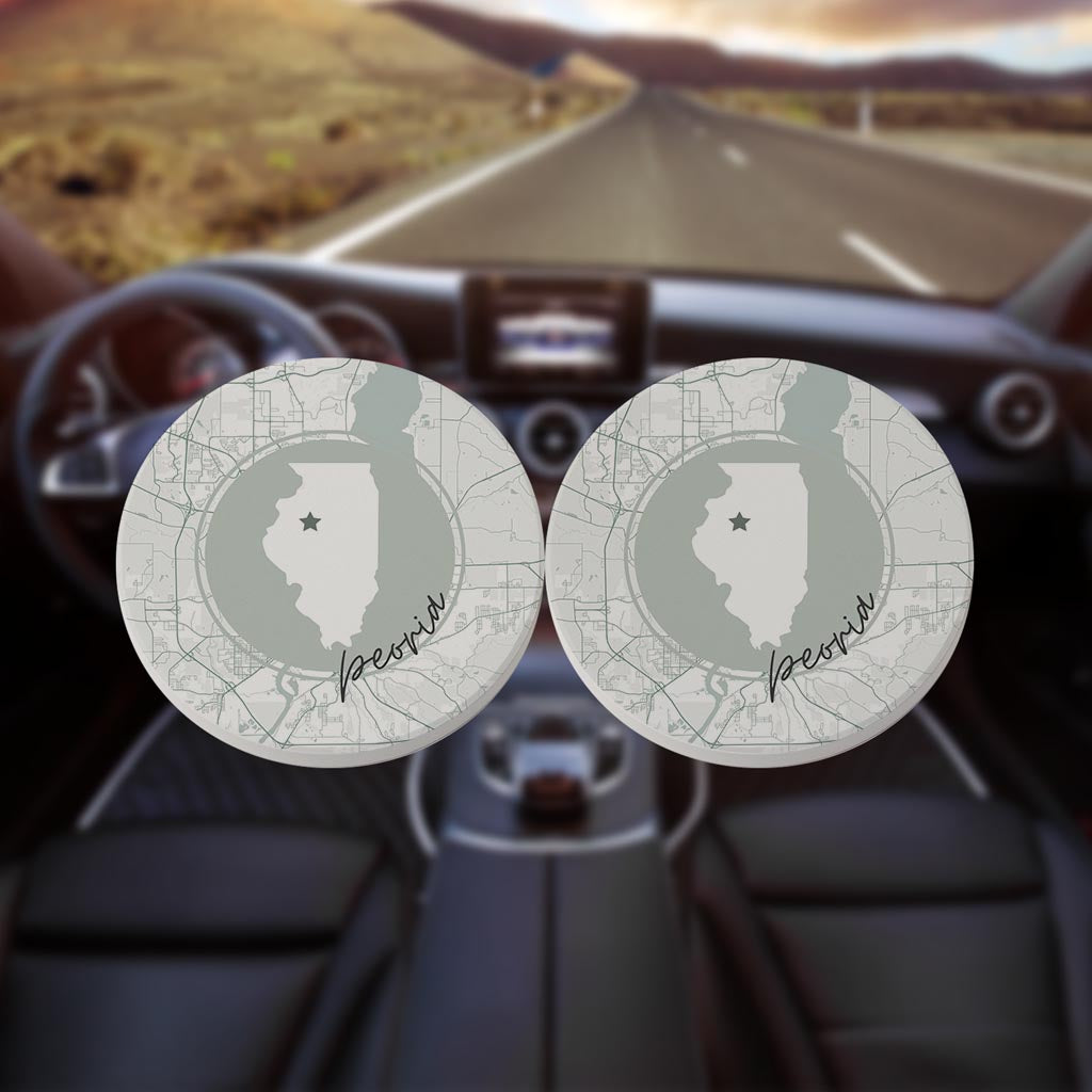 Vintage Groove State Star Map Illinois Peoria| Absorbent Car Coasters | Set of 2 | Min 4