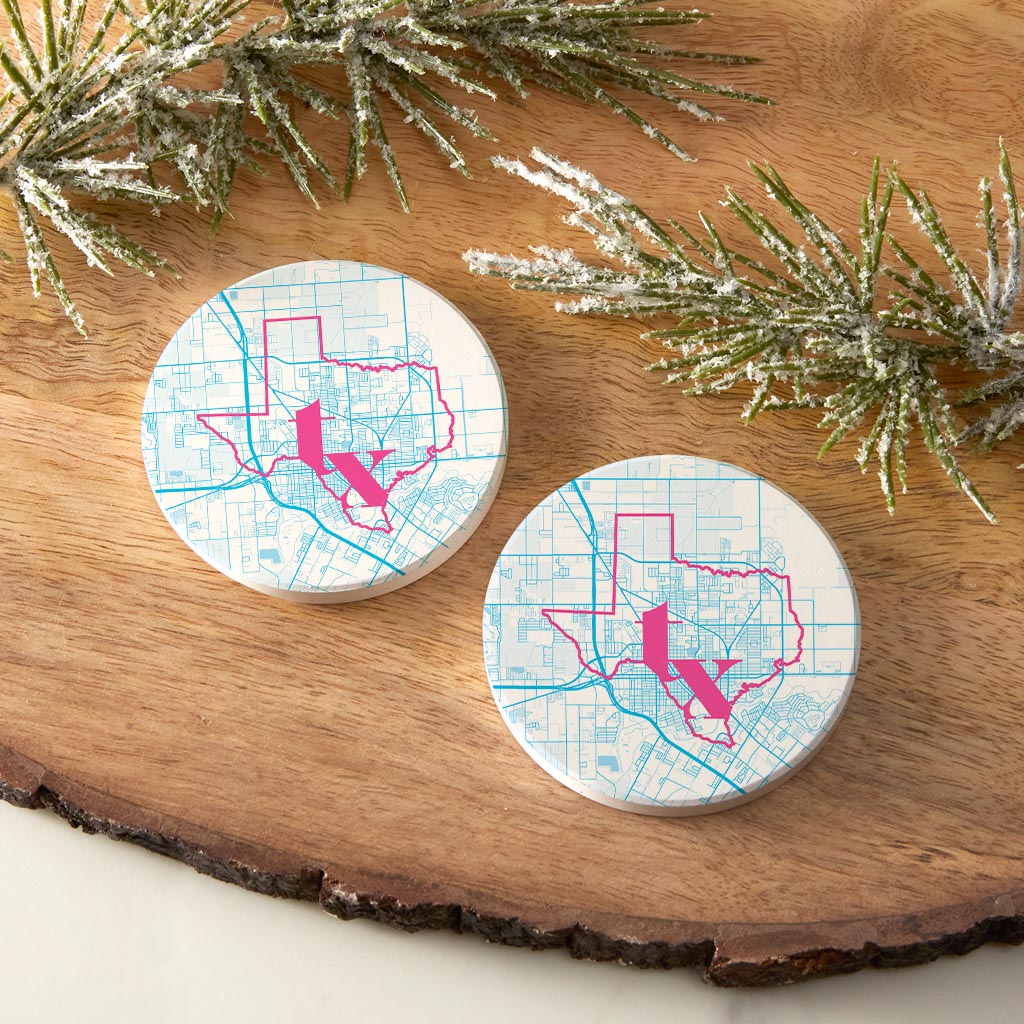 Bright Modern Abbreviated State Map Blue Texas Harlingen | Absorbent Car Coasters | Set of 2 | Min 4