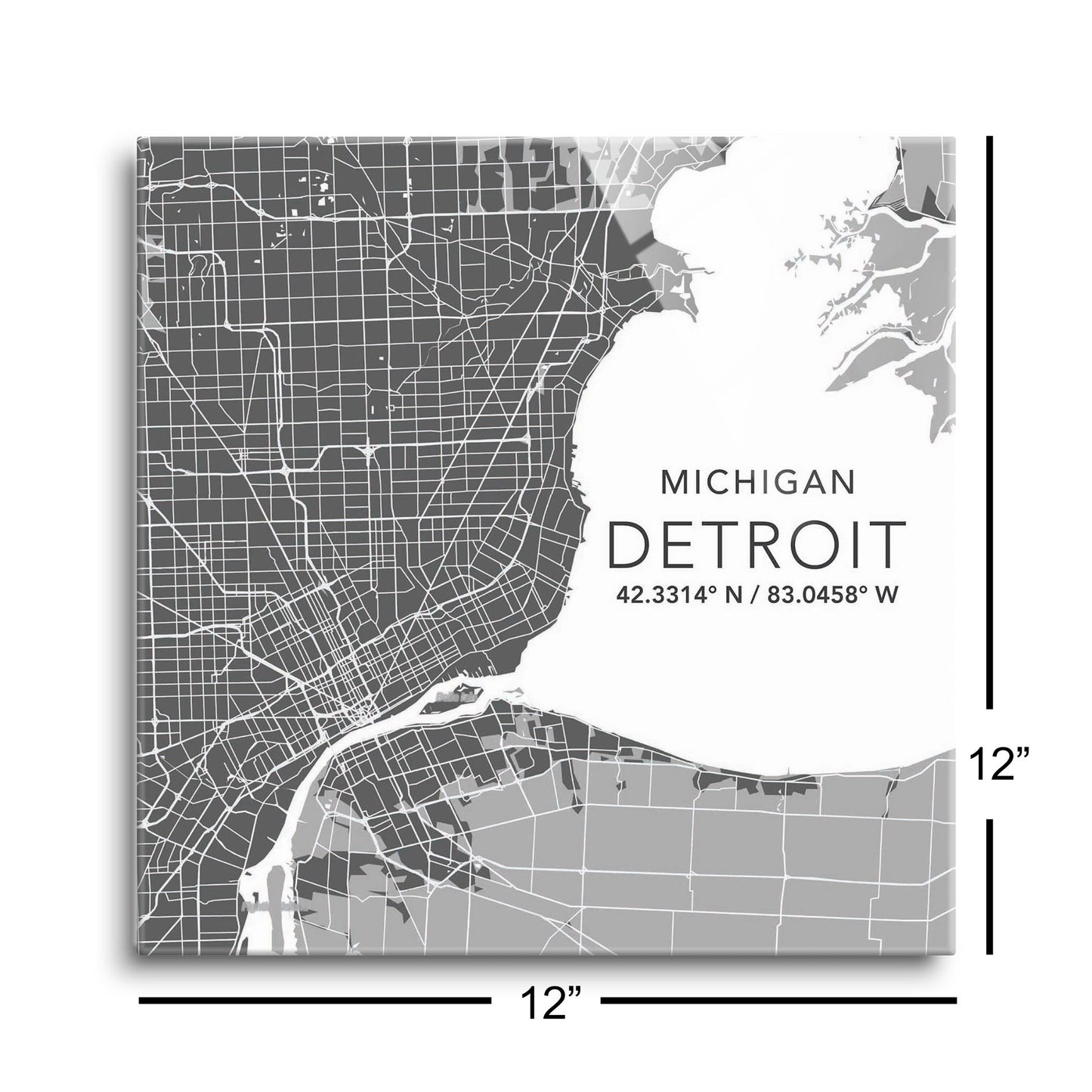 Grey Detroit Michigan Map & Coordinates | 12x12