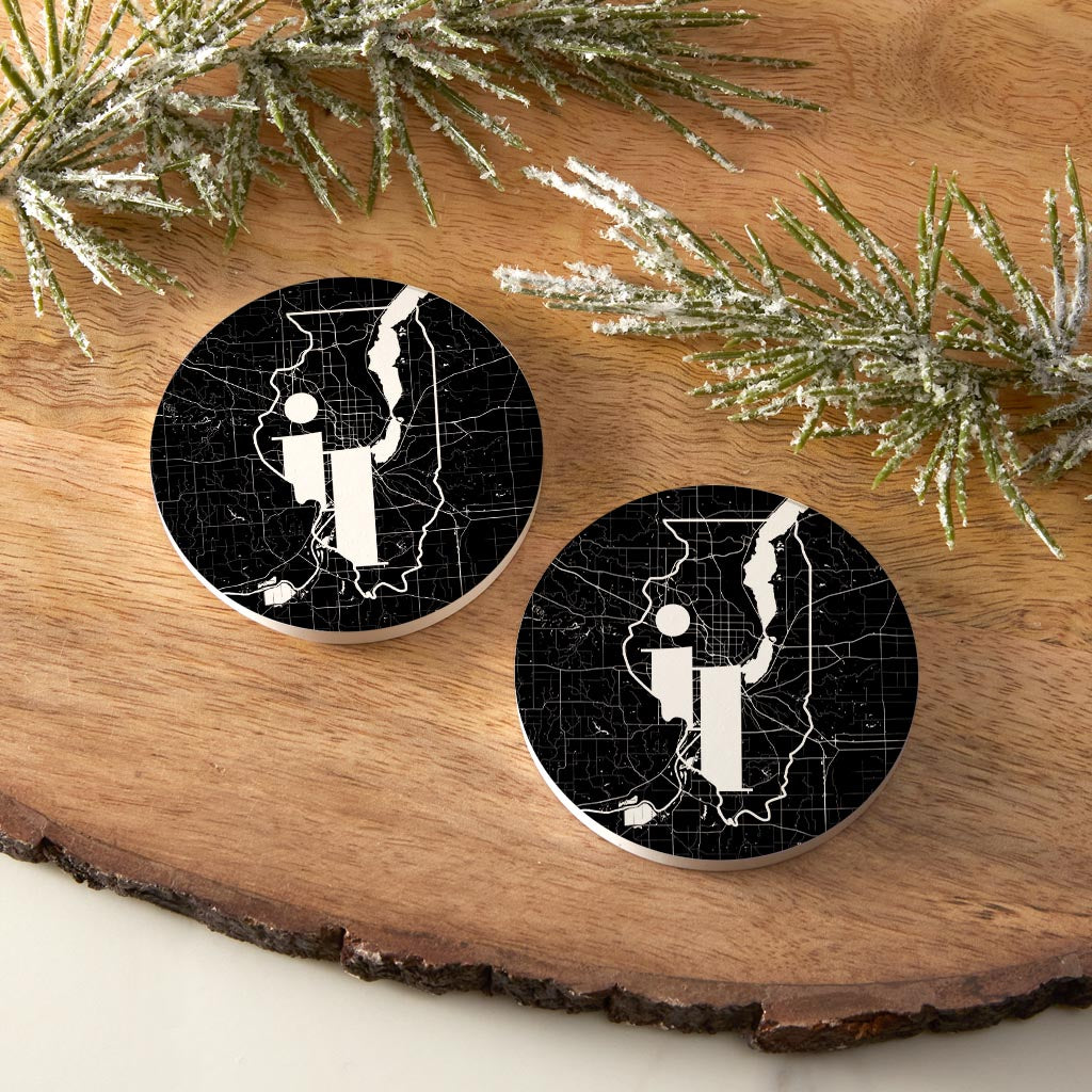 Black And White Abbreviated State Map Black Illinois Peoria| Absorbent Car Coasters | Set of 2 | Min 4