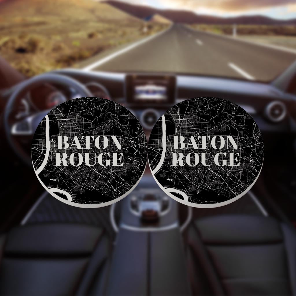 Minimalistic Baton Rouge Black Map | Absorbent Car Coasters | Set of 2 | Min 4