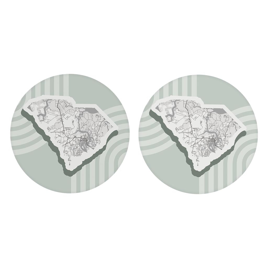 Vintage Groove Light Green Lines Map South Carolina Beaufort| Absorbent Car Coasters | Set of 2 | Min 4