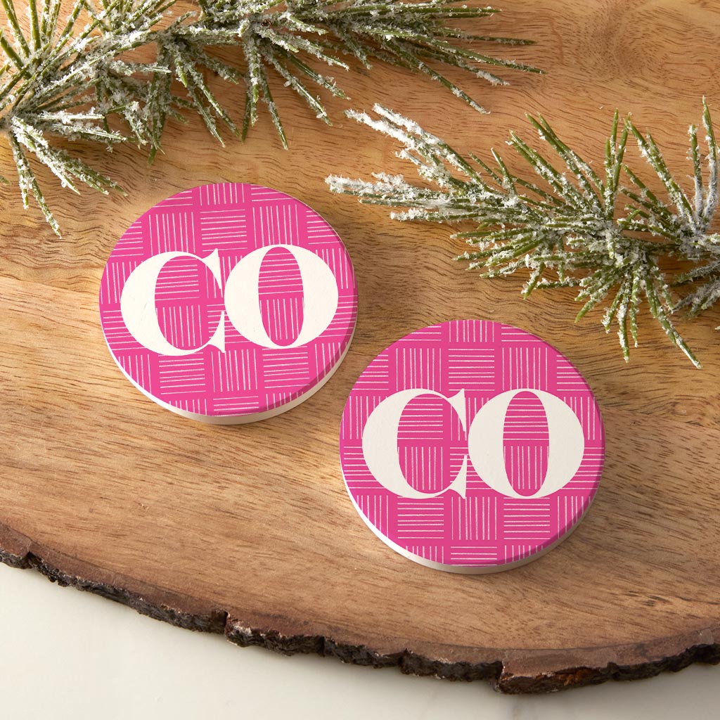 Bright Modern Abbreviated On Pink Colorado| Absorbent Car Coasters | Set of 2 | Min 4