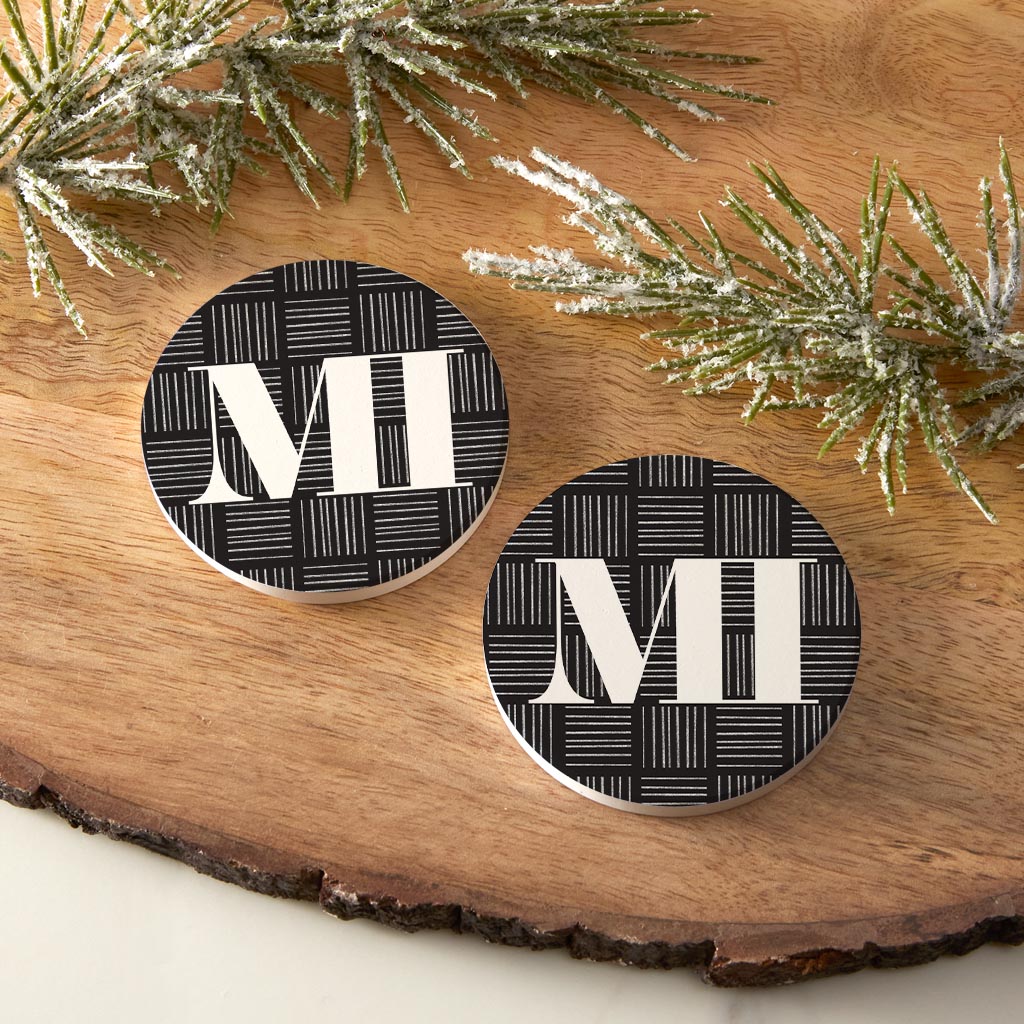 Black And White Abbreviated On Black Michigan| Absorbent Car Coasters | Set of 2 | Min 4