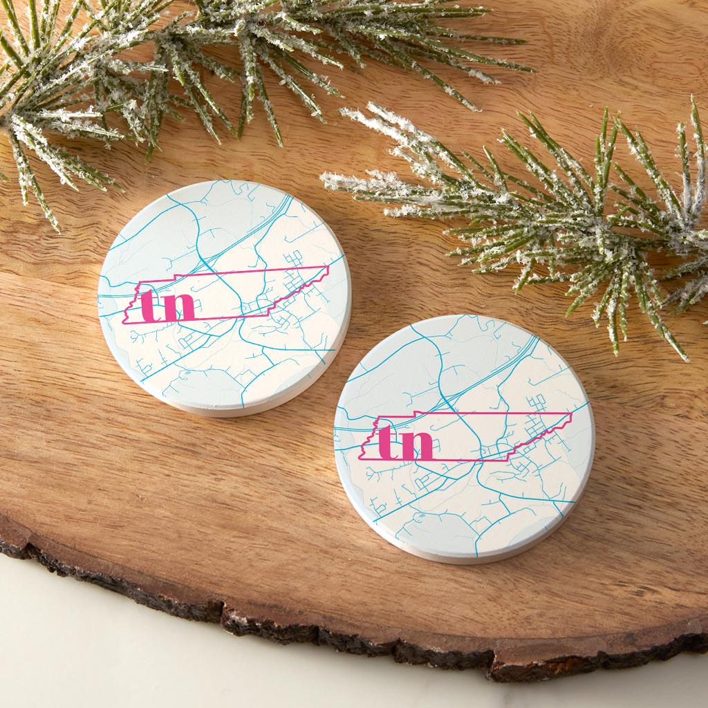 Bright Modern Abbreviated State Map Blue Tennessee Blountville | Absorbent Car Coasters | Set of 2 | Min 4