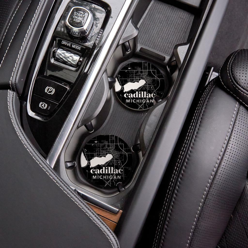 Black And White Black Map Michigan Cadillac| Absorbent Car Coasters | Set of 2 | Min 4