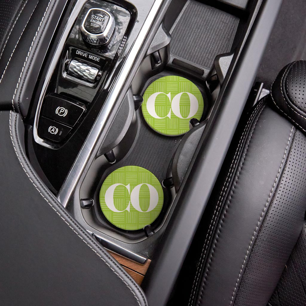 Bright Modern Abbreviated On Green Colorado| Absorbent Car Coasters | Set of 2 | Min 4