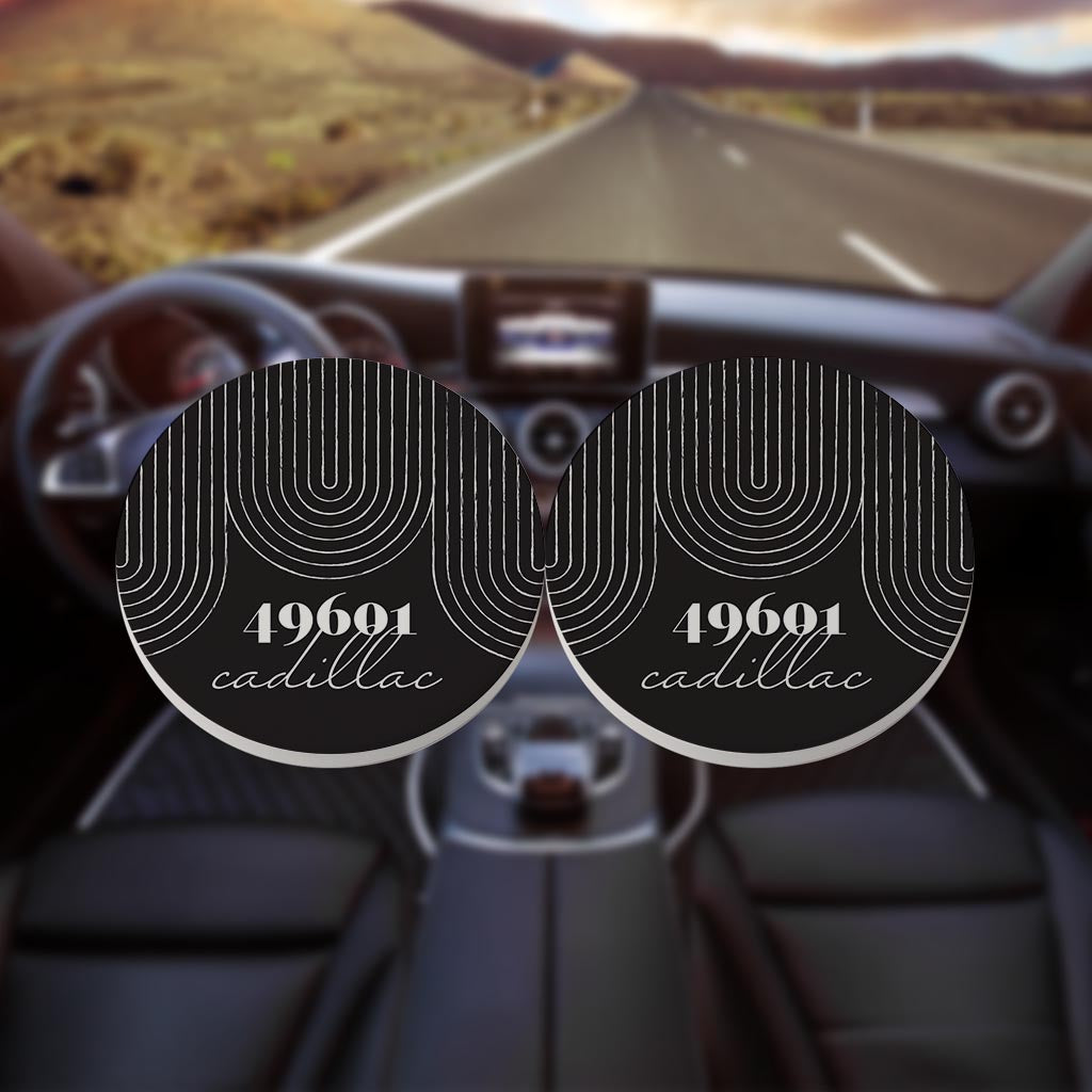 Black And White City Zip On Black Michigan Cadillac | Absorbent Car Coasters | Set of 2 | Min 4
