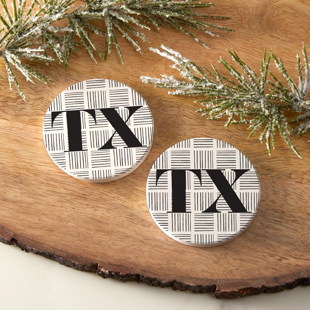Black And White Abbreviated On White Texas | Absorbent Car Coasters | Set of 2 | Min 4