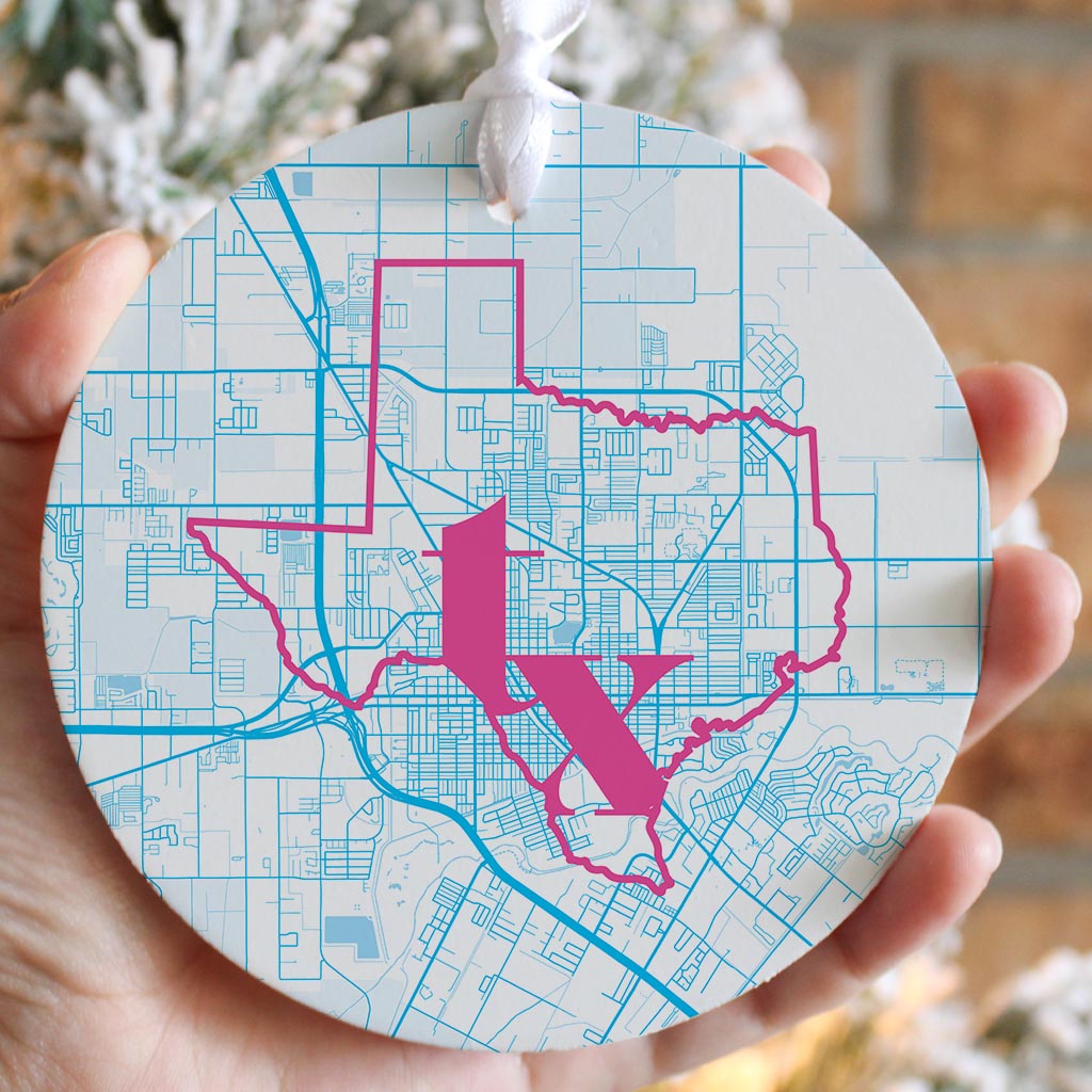 Bright Modern Abbreviated State Map Blue Texas Harlingen| Wood Ornament | Eaches | Min 6