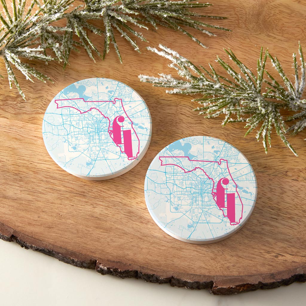 Bright Modern Abbreviated State Map Blue Florida Tallahassee | Absorbent Car Coasters | Set of 2 | Min 4