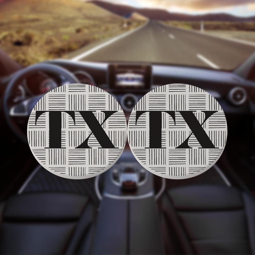 Black And White Abbreviated On White Texas | Absorbent Car Coasters | Set of 2 | Min 4