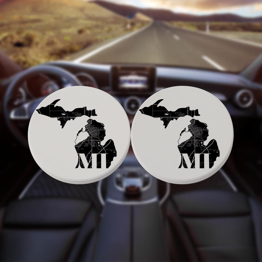 Black And White Abbreviated State Map White Michigan| Absorbent Car Coasters | Set of 2 | Min 4