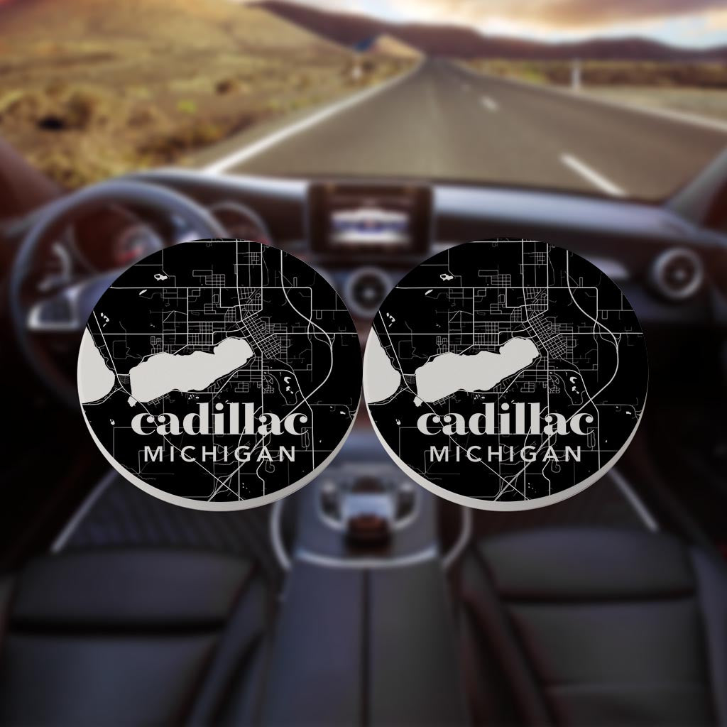 Black And White Black Map Michigan Cadillac| Absorbent Car Coasters | Set of 2 | Min 4