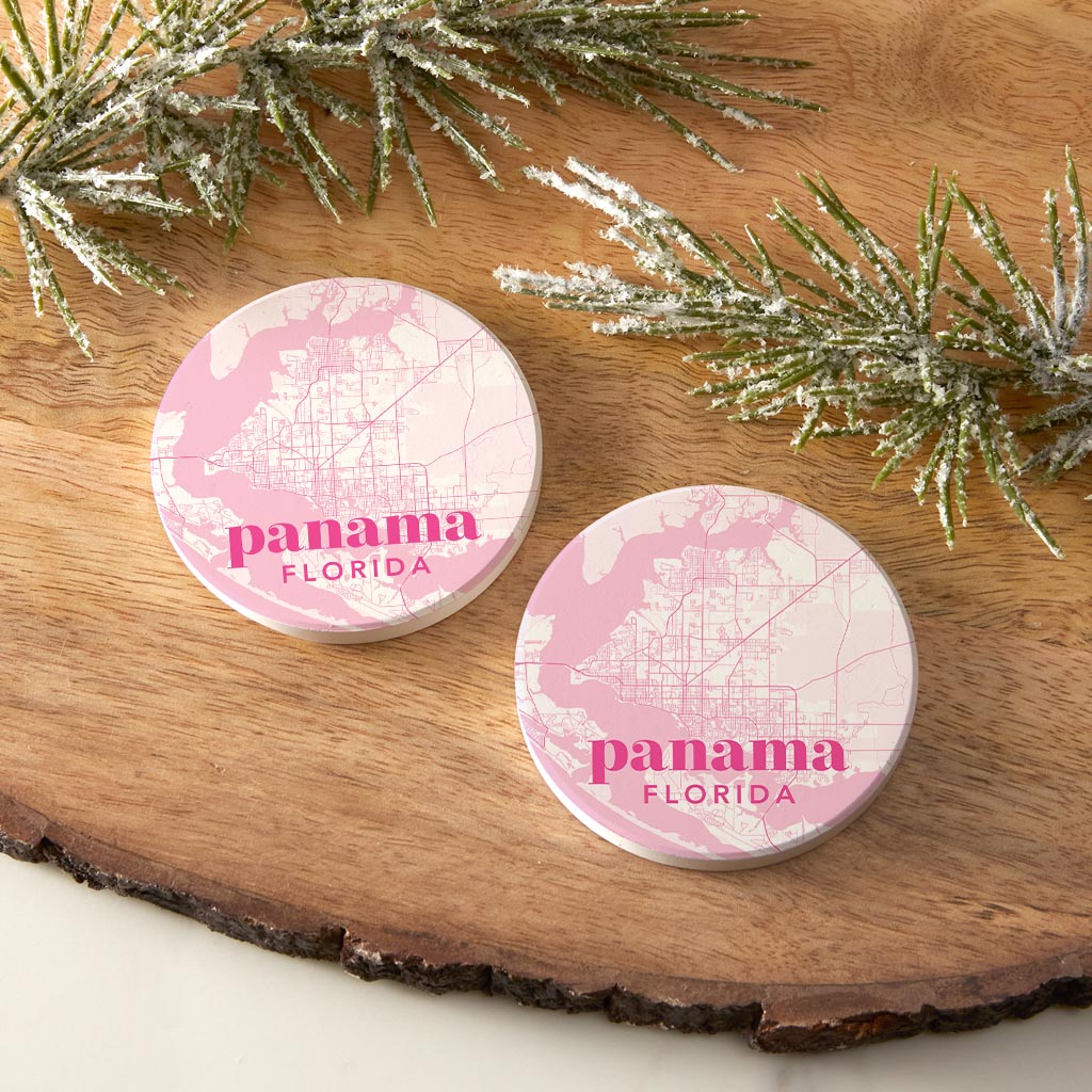 Bright Modern Pink Map Florida Panama | Absorbent Car Coasters | Set of 2 | Min 4